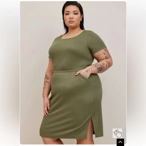 Torrid Green At The Knee Slub Rib Side Slit T-Shirt Dress Size 1 1X 14-16 - Picture 3 of 11